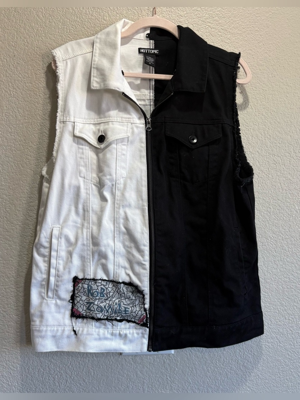 Hot Topic Split Black White Denim Vest M Custom Rotten Skull Punk Goth Grunge